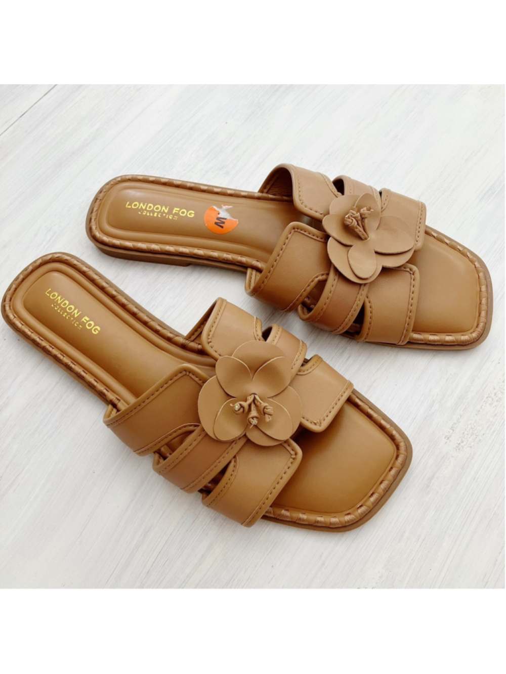 NEW London Fog Women Multi Strap Floral Slide Sandals SZ 11W Tan Cushioned Boho